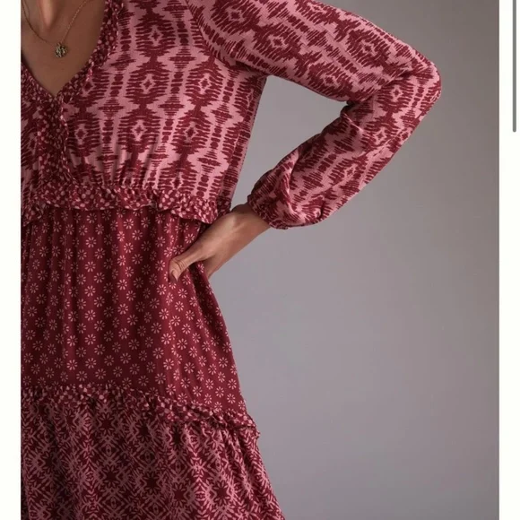 Anthropologie Dress Long Sleeve Tiered Skirt V-Neck Mini Knee Length Loose Fit L - Picture 5 of 15